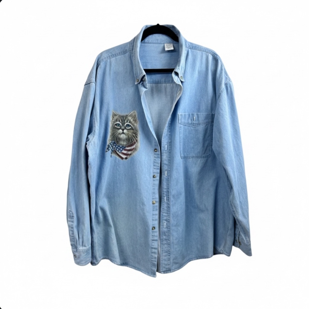 Vintage Simply Irresistible Denim Cat Shirt with  American Flag Scarf